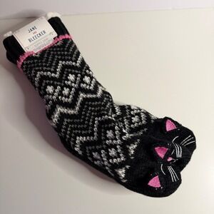 Jane and Bleecker Cozy Slipper Socks Black White Pink Cat Face Plush One Size